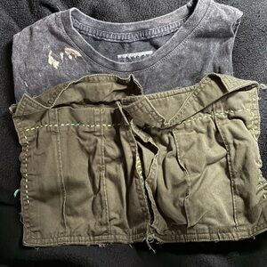 Upcycled green Denim + Grey t-shirt Crop Top XS